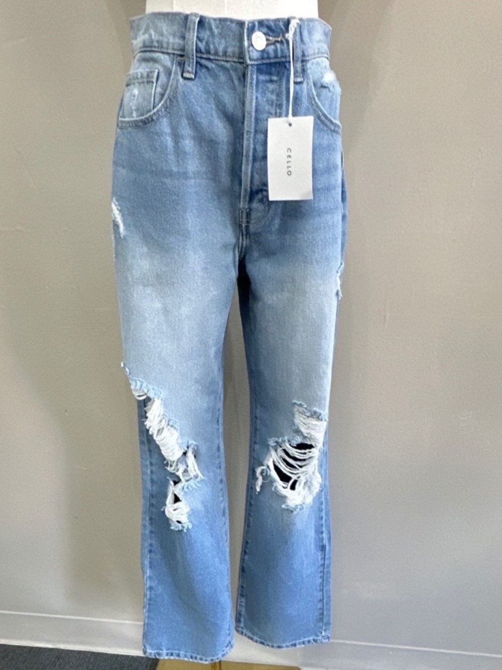 CELLO Super High Rise Straight Jeans Light Wash Distressed Blue 5